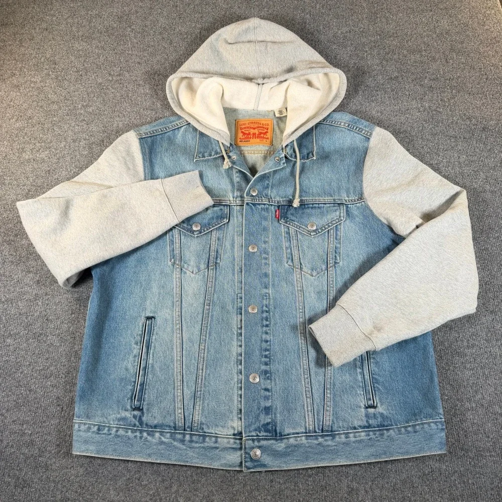 Levis Mens Relaxed Fit Hooded Denim Trucker Jacket Light Wash Gray L #3823